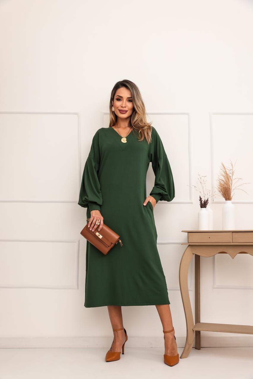 Vestido Midi Manga Longa Soltinho Festa